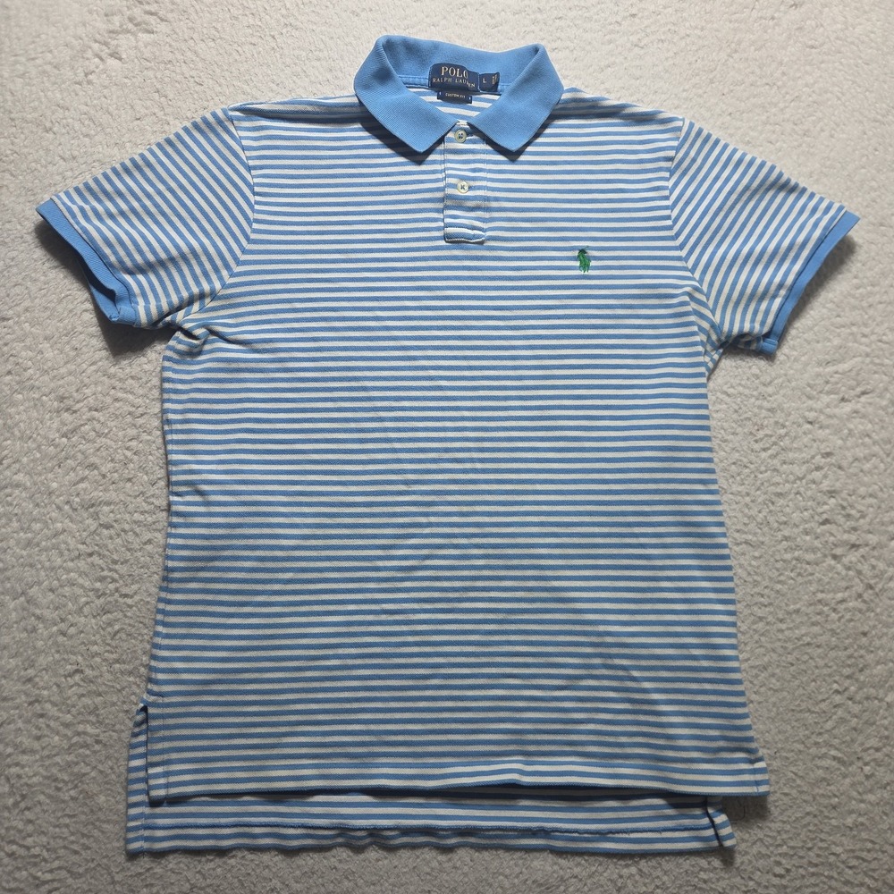 Polo Ralph Lauren Polo Shirt Mens L Blue White Striped Custom Fit Short Sleeve